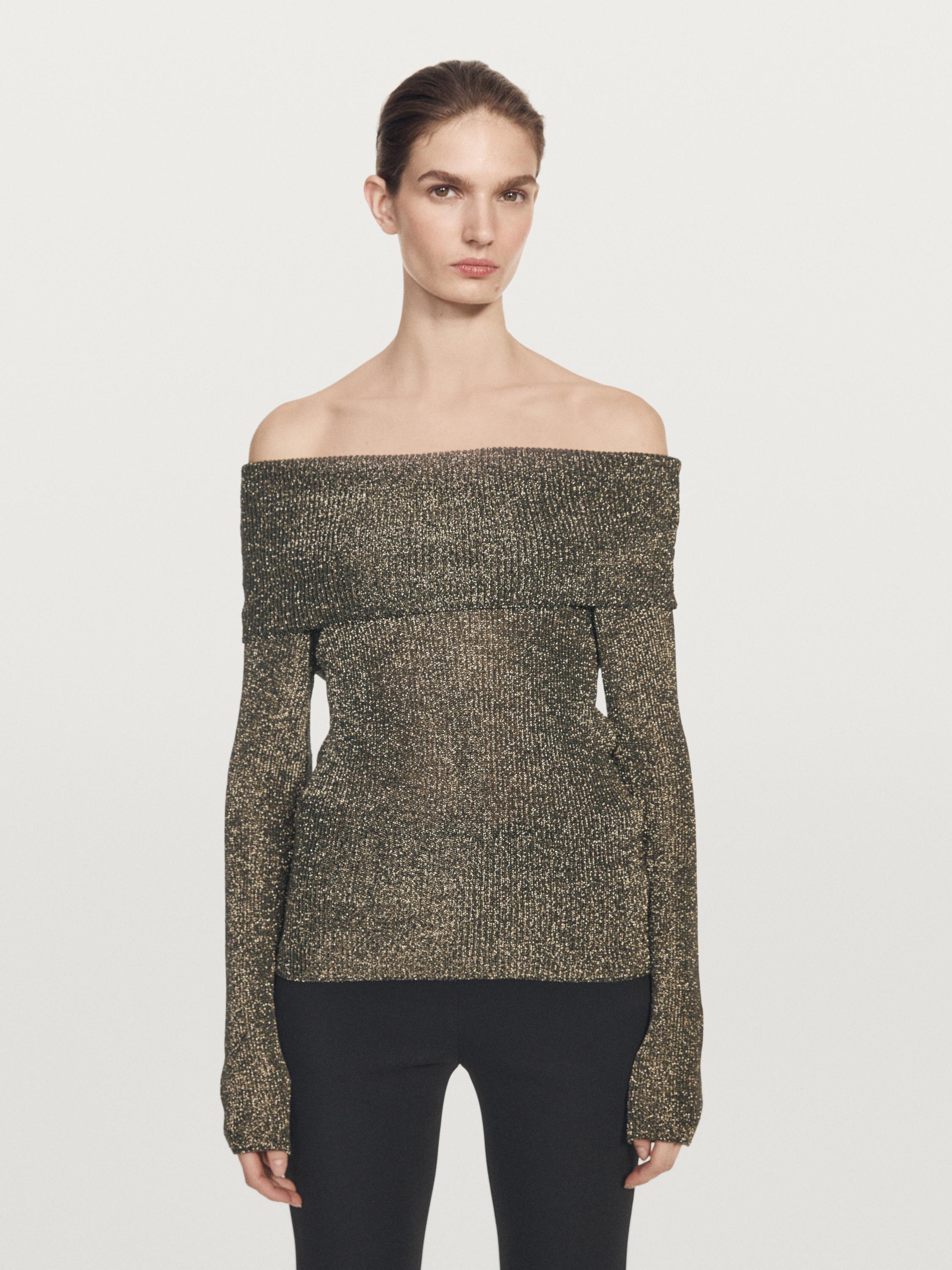 Off-the-shoulder knit sweater with metallic finish